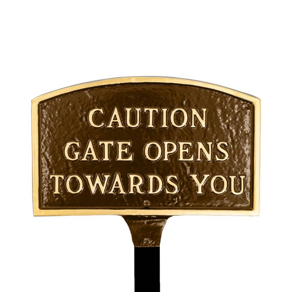 5.5 in. x 9 in. Small Arch Caution Gate Opens Towards You Statement Plaque Sign with Lawn Stake – Oil Rubbed/Gold - Hercitys