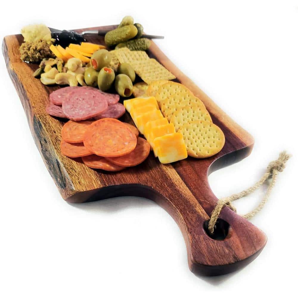 1-Piece Natural Brown Acacia 18″ x 8″ Charcuterie Board with Live Edge & Handle - Hercitys