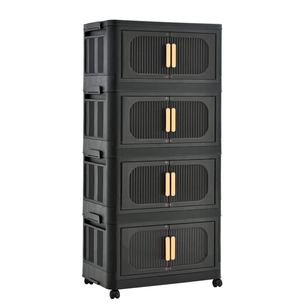 5-Tier Black Plastic Collapsible Storage Cabinet, Rolling Closet Organizer with Magnetic Door (24 x 14 x 60 in. ) - Hercitys