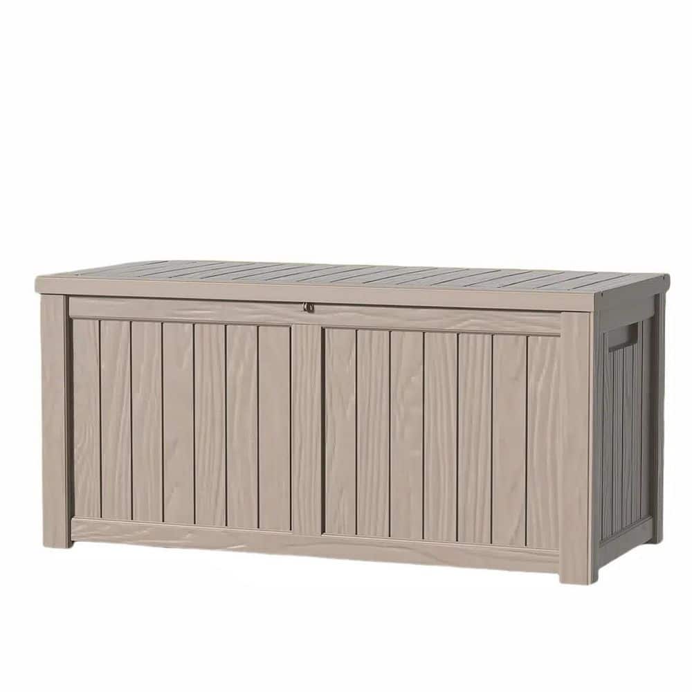 120 Gal. Large Plastic Outdoor Storage Deck Box in khaki - Hercitys