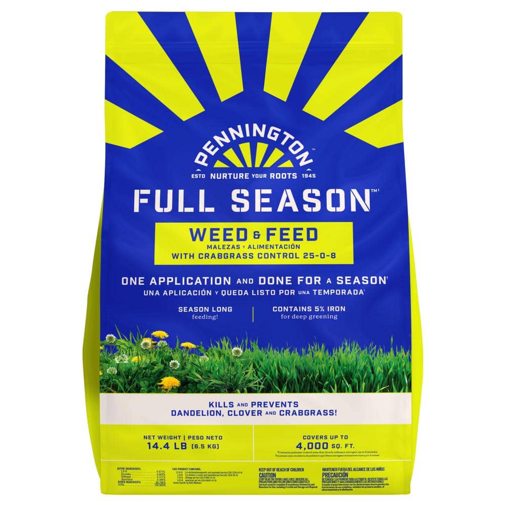 14.4 lbs. 4,000 sq. ft. Full Season Weed and Feed Lawn Fertilizer Granules Plus Crabgrass Control 25-0-8 - Hercitys
