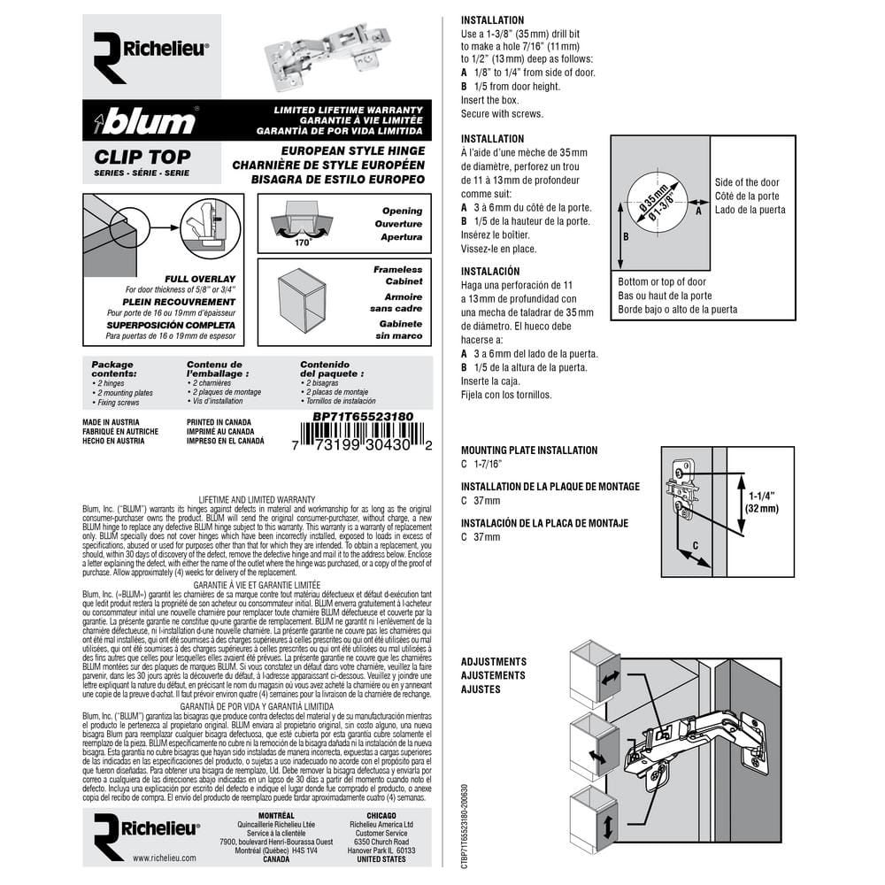 (2-Pack) Clip Top Series 35 mm Spring Closing Full Overlay for Frameless Cabinet Bi-Folding Hinge - Hercitys