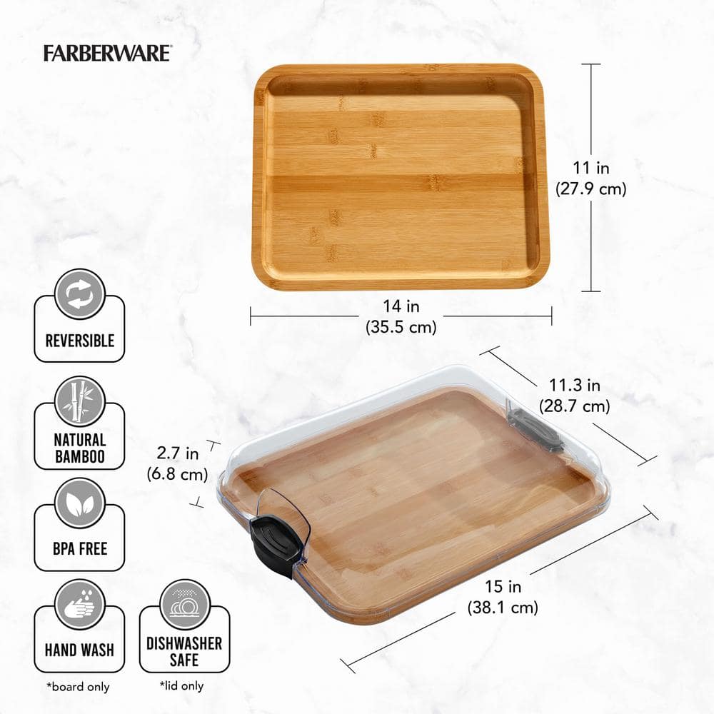 11 in L x14 in W x 2.9 in H Build-A-Board Bamboo Cutting Board w/ Clear Locking Lid w/Black Handles, Single Compartment - Hercitys
