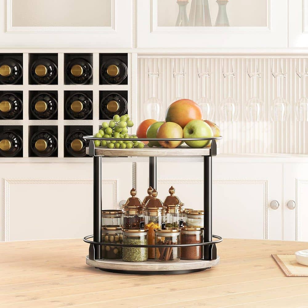 2 Tier Spice Rack Turntable Organizer for Kitchen Countertop and Cabinet, Greige + Black - Hercitys