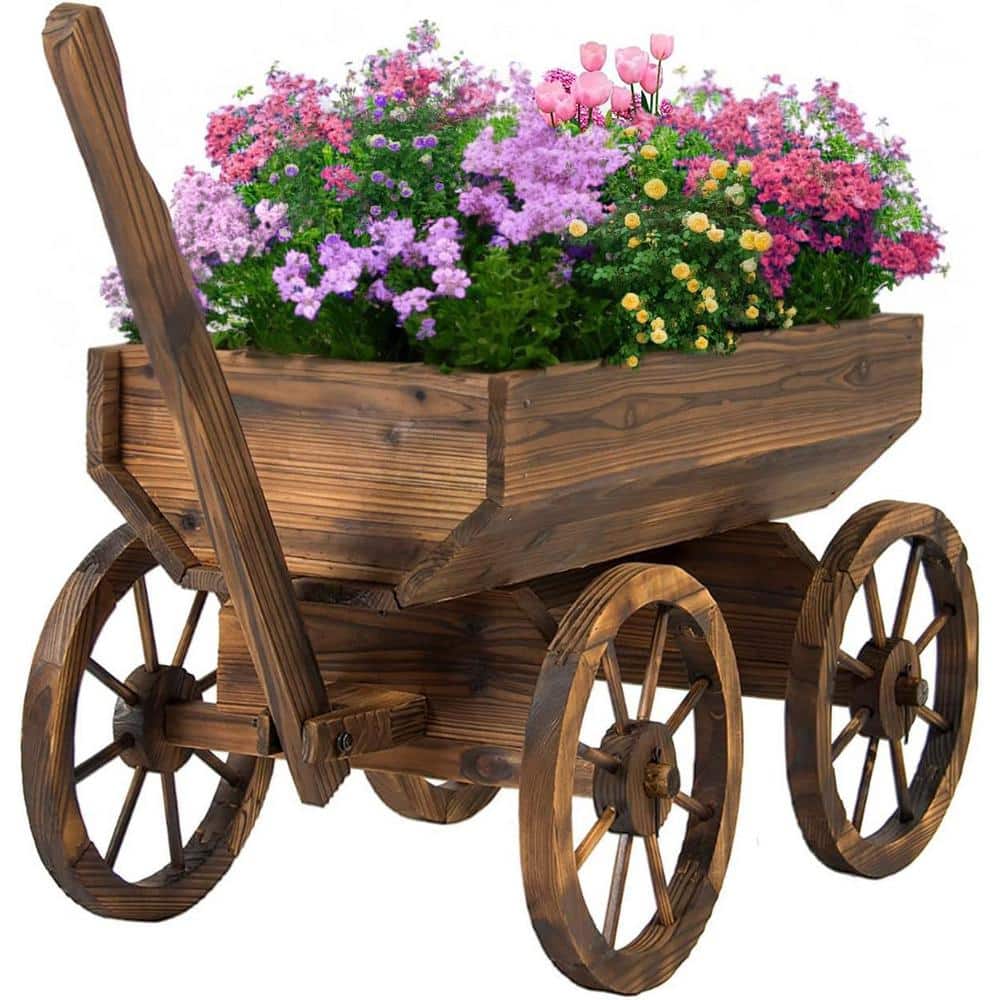 2 cu. ft. Wood/Plastic Garden Cart Wagon Flower Planter Pot Stand with Wheels - Hercitys