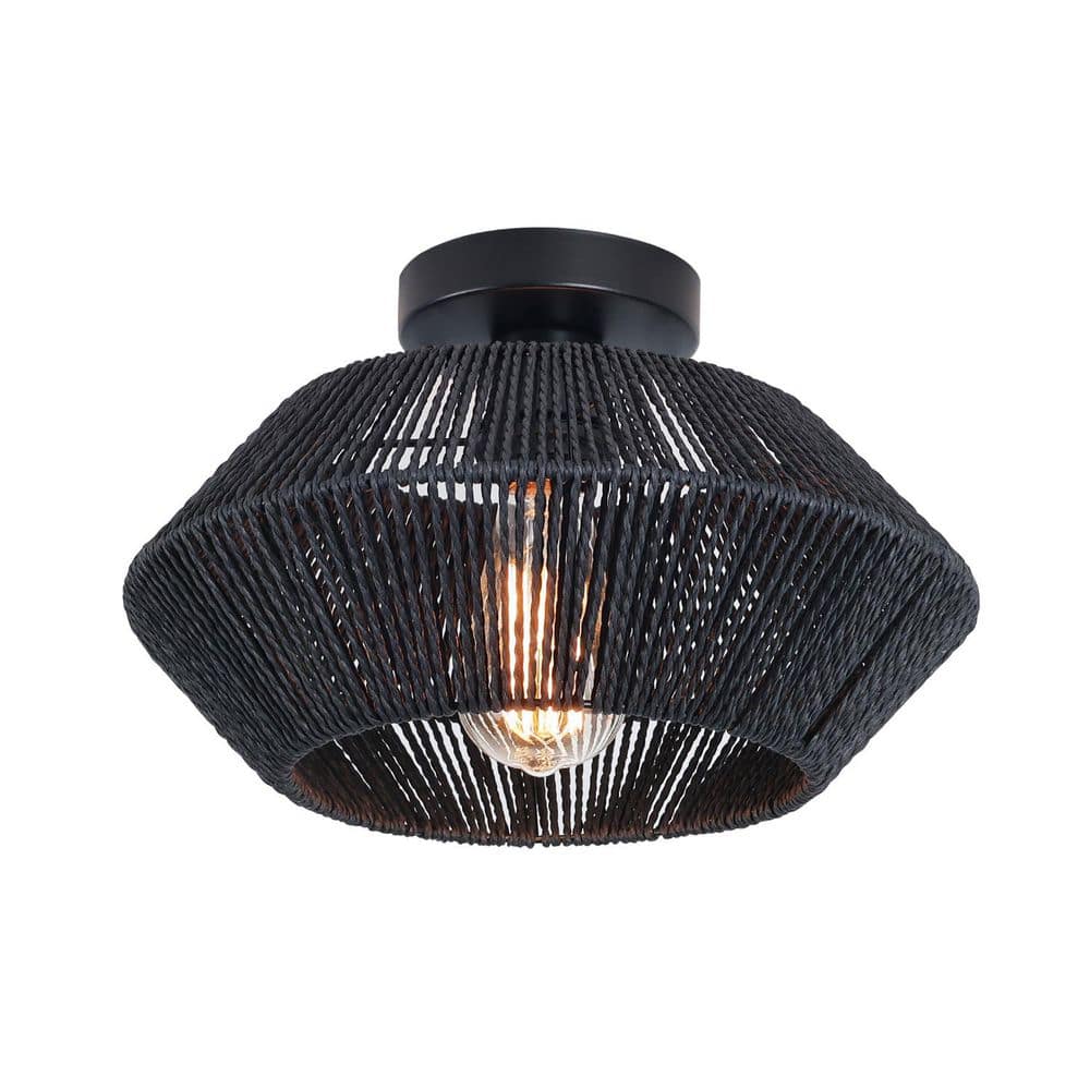 13 in. 1-Light Black Rattan Cage Farmhouse Semi-Flush Mount for Dining Room Bedroom Entrance - Hercitys