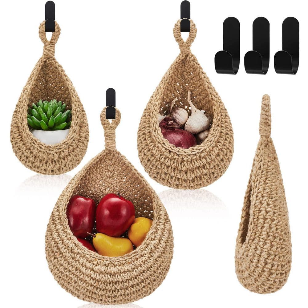 3-Piece Hanging Wall Fruit Basket, Teardrop Hanging Basket, Bohemian Storage, Wall Basket in Light Linen - Hercitys
