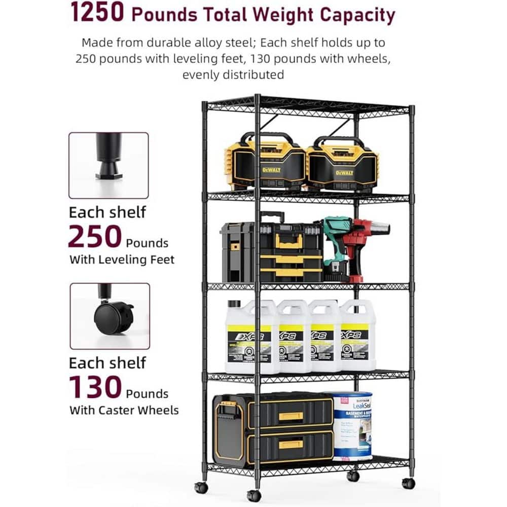 5-Tier Heavy Duty Storage Shelving Unit, 1250 lbs. Loading Capacity for Kitchen, Garage in Black - Hercitys