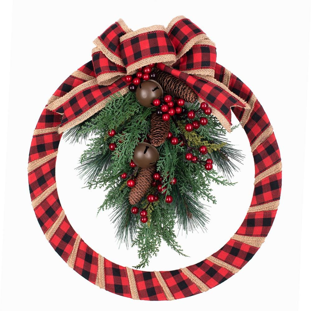 18 in. Unlit Artificial Homespun Wreath Buffalo Check with Pinecones - Hercitys