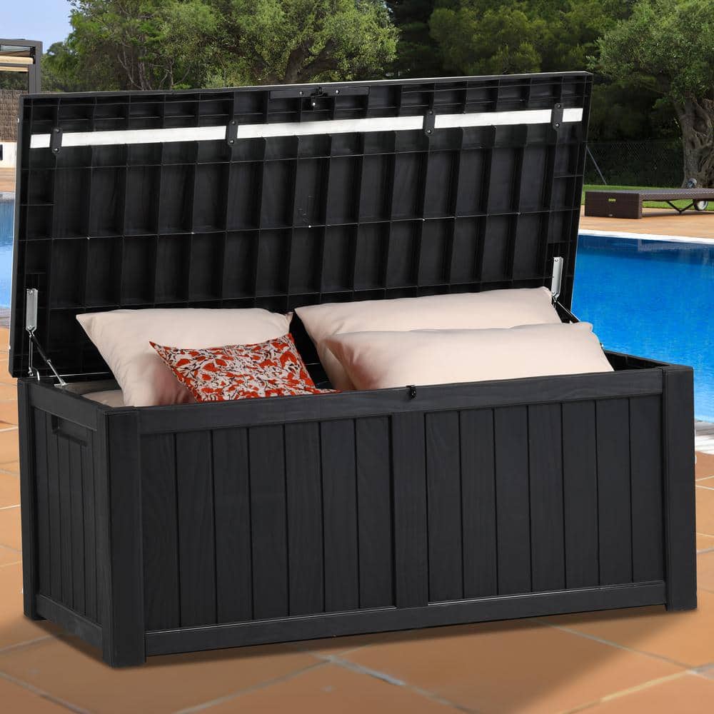 120 Gallon Outdoor Patio Deck Box, Waterproof Heavy Duty Large Resin Storage Box, Black - Hercitys