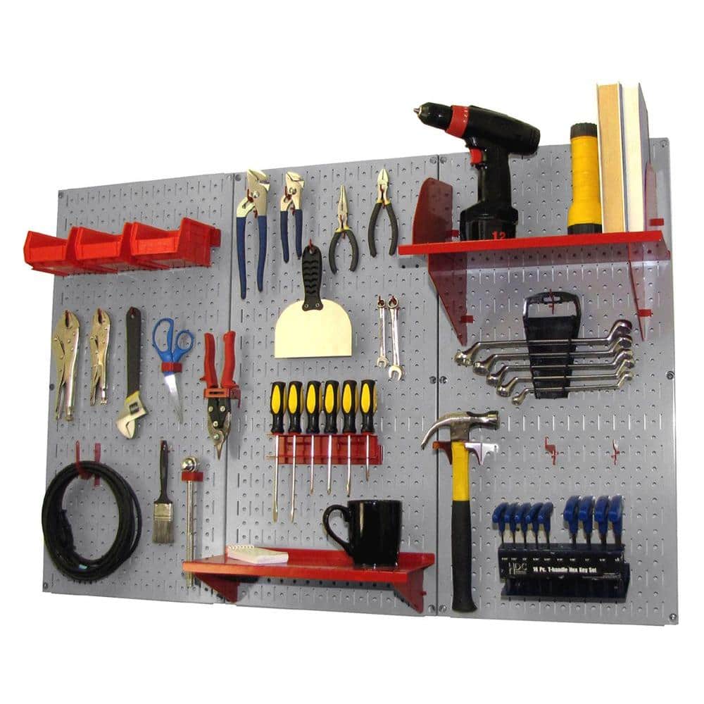 32 in. x 48 in. Metal Pegboard Standard Tool Storage Kit with Gray Pegboard and Red Peg Accessories - Hercitys