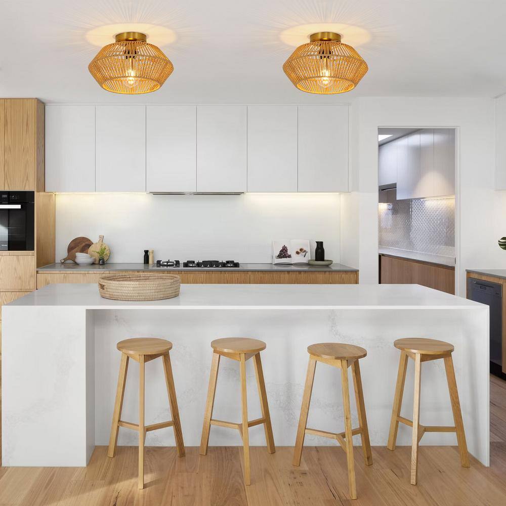 12.6 in. 1-Light Gold Retro Hand Woven Paper String Semi-Flush Mount Ceiling Light - Hercitys