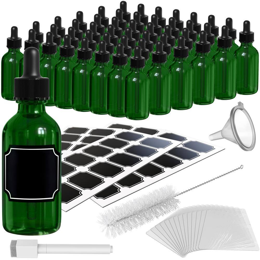 2 oz. Glass Dropper Bottles with Funnel, Brush, Shrink Wrap, Marker and Labels – Green (Pack of 48) - Hercitys