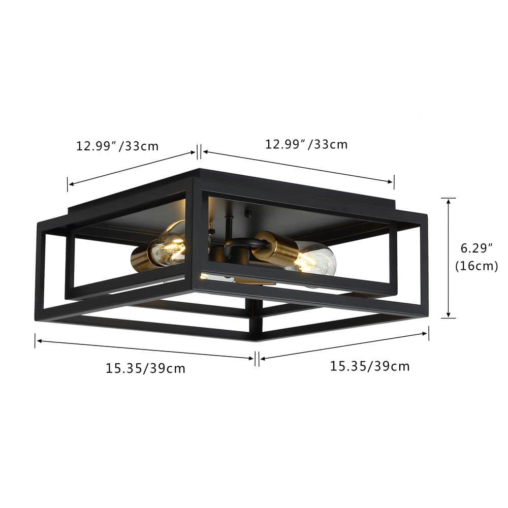 15.4 in. 3-Light Black Farmhouse Caged Square Flush Mount Industrial Vintage Ceiling Lighting - Hercitys