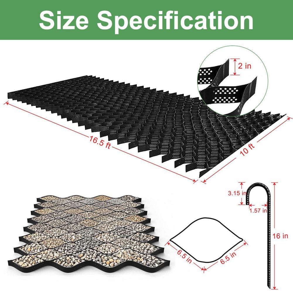 10 ft. x 16.5 ft. x 2 in. Plastic Ground Geo Grid Driveway Ground Pavers Geocell, with 12 J Steel Rebar - Hercitys