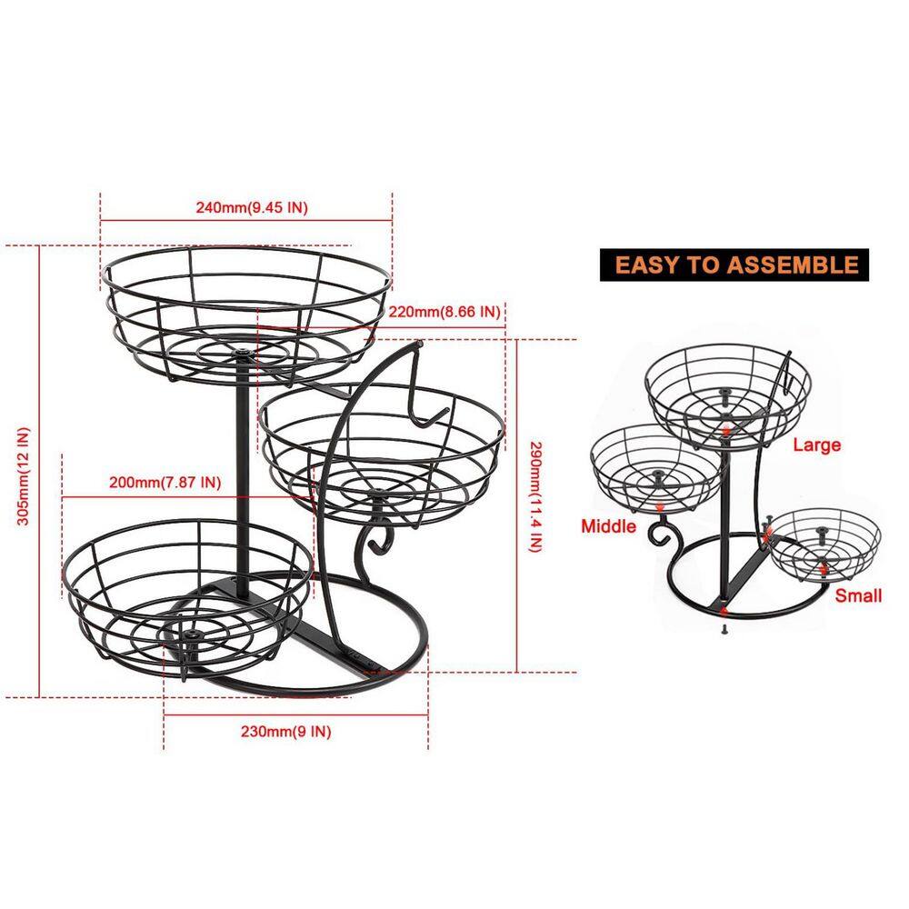 3-Tier Black Fruit Basket Bowl with Banana Hanger, Fruit Storage Basket with Metal Base for Kitchen Counter - Hercitys