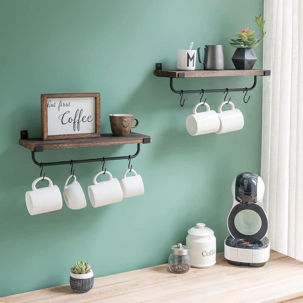 2-Piece Brown Wall Mounted Mug Holder, Coffee Mug Rack, Rustic Wood Floating Shelf, Mug Hook Hanger - Hercitys