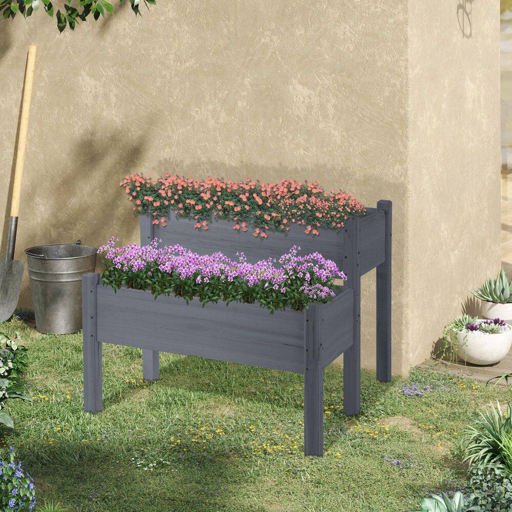 34 in. x 34 in. x 28 in. 2-Tier Elevated Wood Planter Box for Backyard and Patio to Grow Vegetables and Flowers, Gray - Hercitys