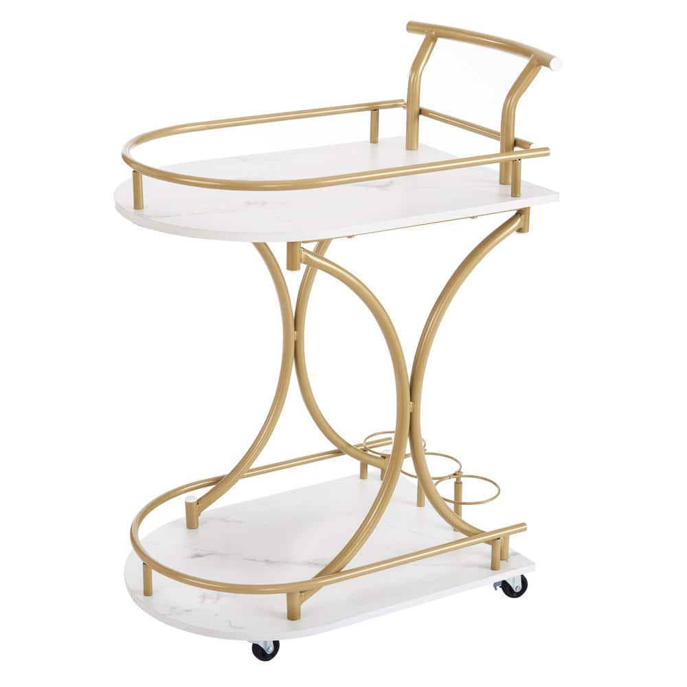 2-Tier Bar Cart, Mobile Bar Serving Cart, Wine Cart for Kitchen, Beverage Cart with Wine Rack and Glass Holder in Gold - Hercitys