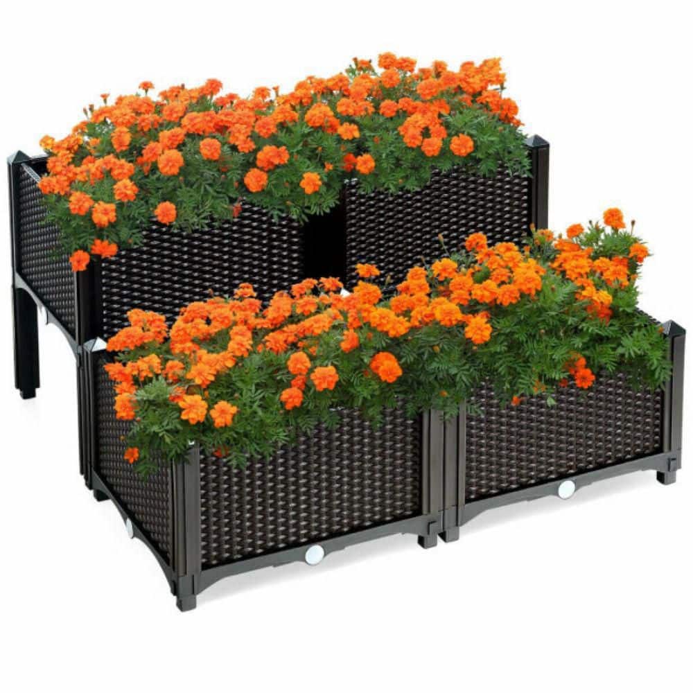 16 in. x 16 in. x 17.5 in. Plastic Elevated Flower Vegetable Herb Grow Planter Box in Brown (Set of 4) - Hercitys