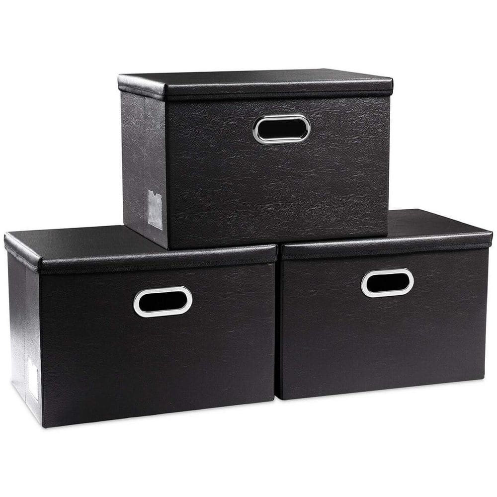 40 Qt. Leather Fabric Storage Bin with Lid in Black (3-Box) - Hercitys
