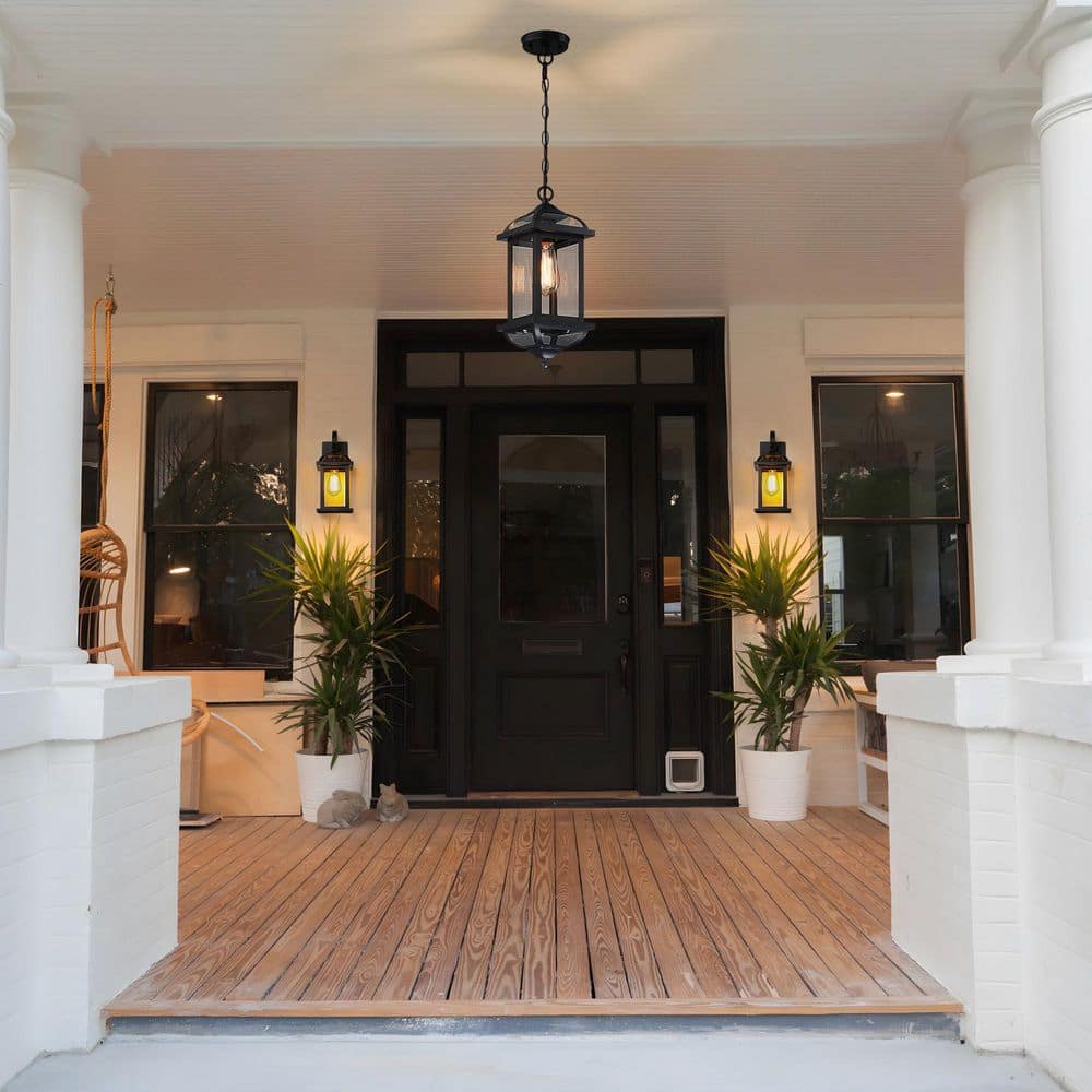 16.14 in. 1-Light Black Outdoor Pendant Light Fixture with Clear Beveled Glass - Hercitys