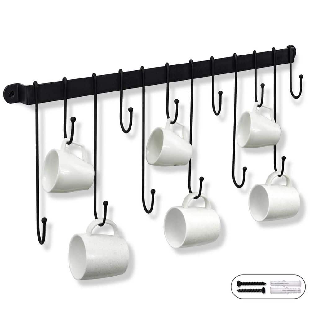 12-Hook Black Hanging Coffee Mug Wall Rack, 23 in. Wall Mounted Mug Hook Coffee Cup Holder - Hercitys