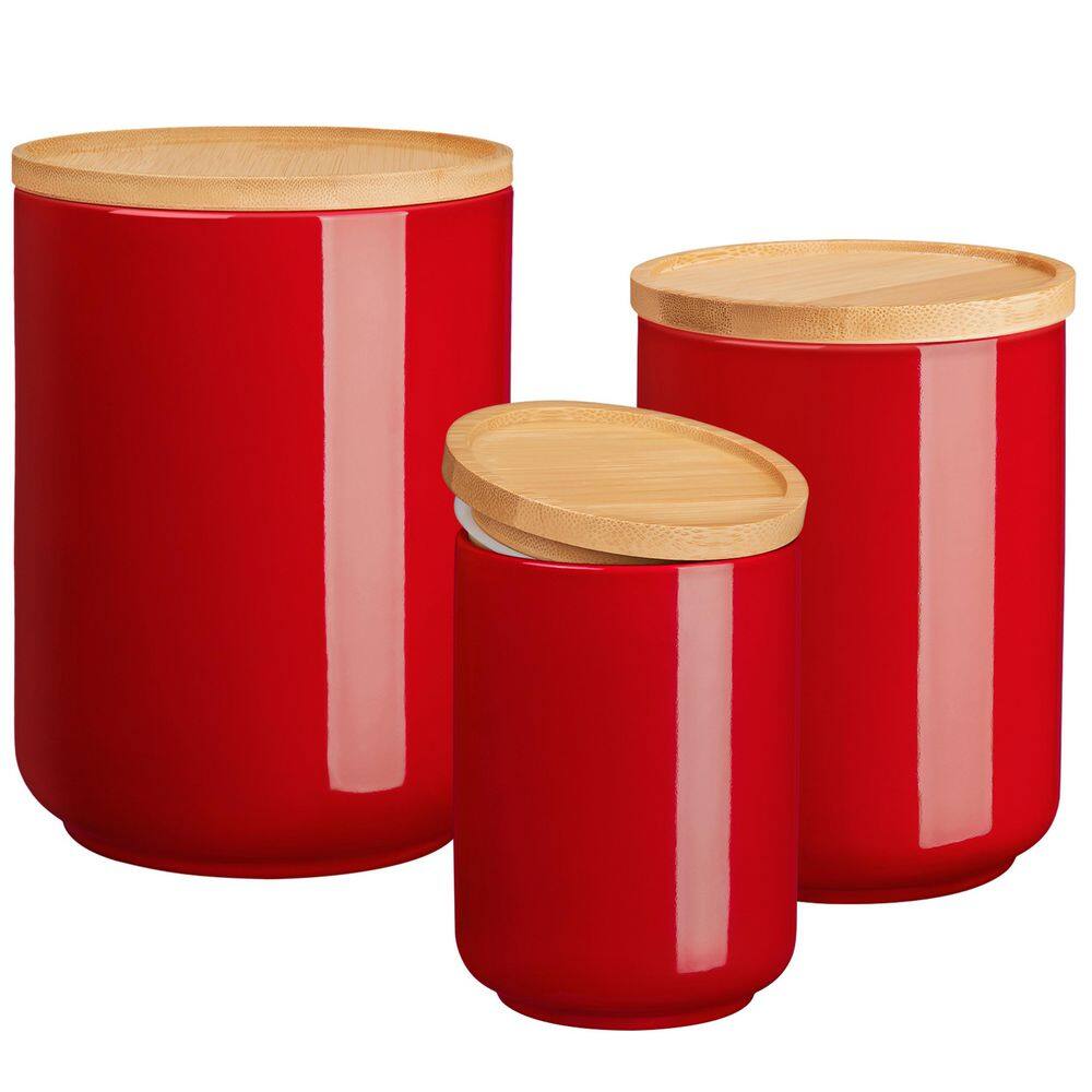 3-Piece Stoneware Canister Set with Airtight Bamboo Wood Lid 18 oz. 36 oz. 74 oz. Kitchen Food Storage Jar - Hercitys