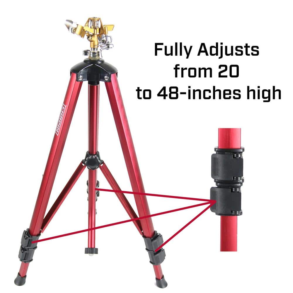 4993: Heavy-Duty Brass Head Tripod Impact Lawn Sprinkler, 360-Degree Large Area Coverage, Adjustable Height - Hercitys