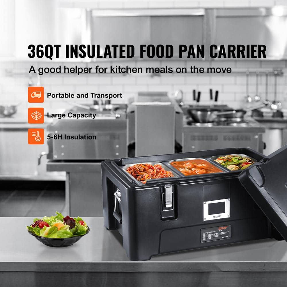 36 qt. Insulated Food Pan Carrier, Stackable Catering Hot Box with 3 Stainless Steel Pans, LLDPE Food Warmer, Black - Hercitys