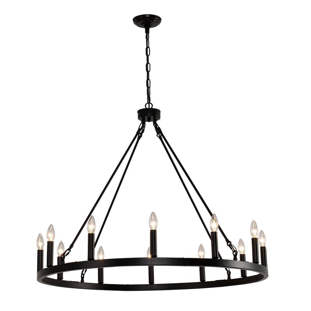 38 in. 12-Light Black Wagon Wheel Chandelier Round Wagon Wheel Outdoor Chandelier Porch Light Fixtures - Hercitys