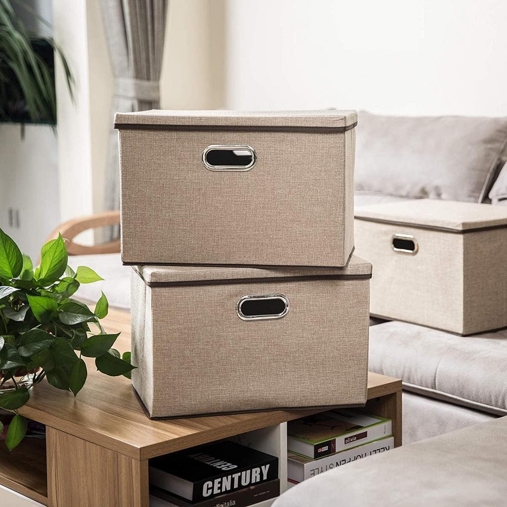 35 qt. Fabric Collapsible Storage Bin with Lid in Brown (3-Pack) - Hercitys