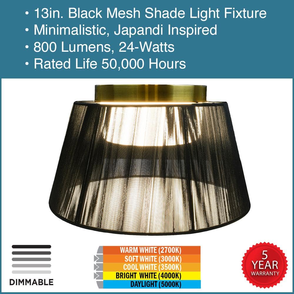 13 in. Black Mesh Japandi Design LED Flush Mount Ceiling Light Matte Gold Housing 800 Lumens Adjustable CCT Dimmable - Hercitys