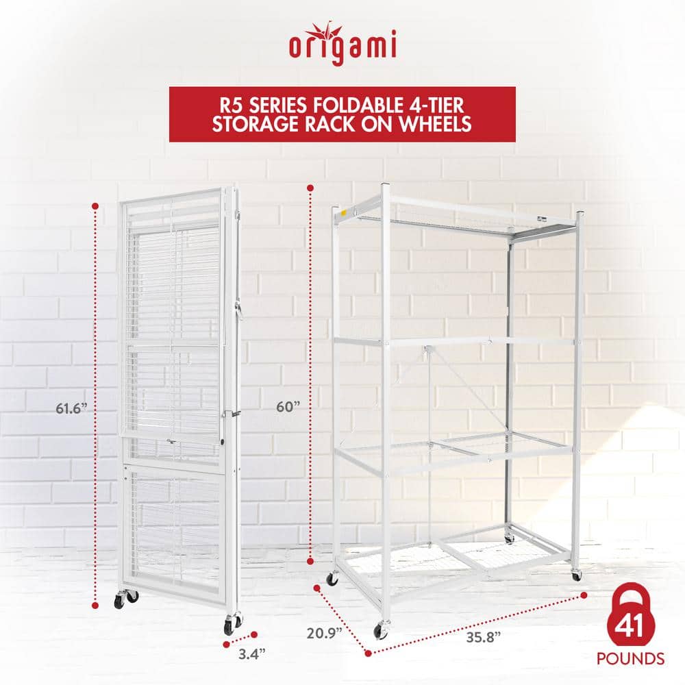 21 in. x 36 in. 60 in. Wheeled 4-Shelf Folding Steel Wire Shelving White - Hercitys