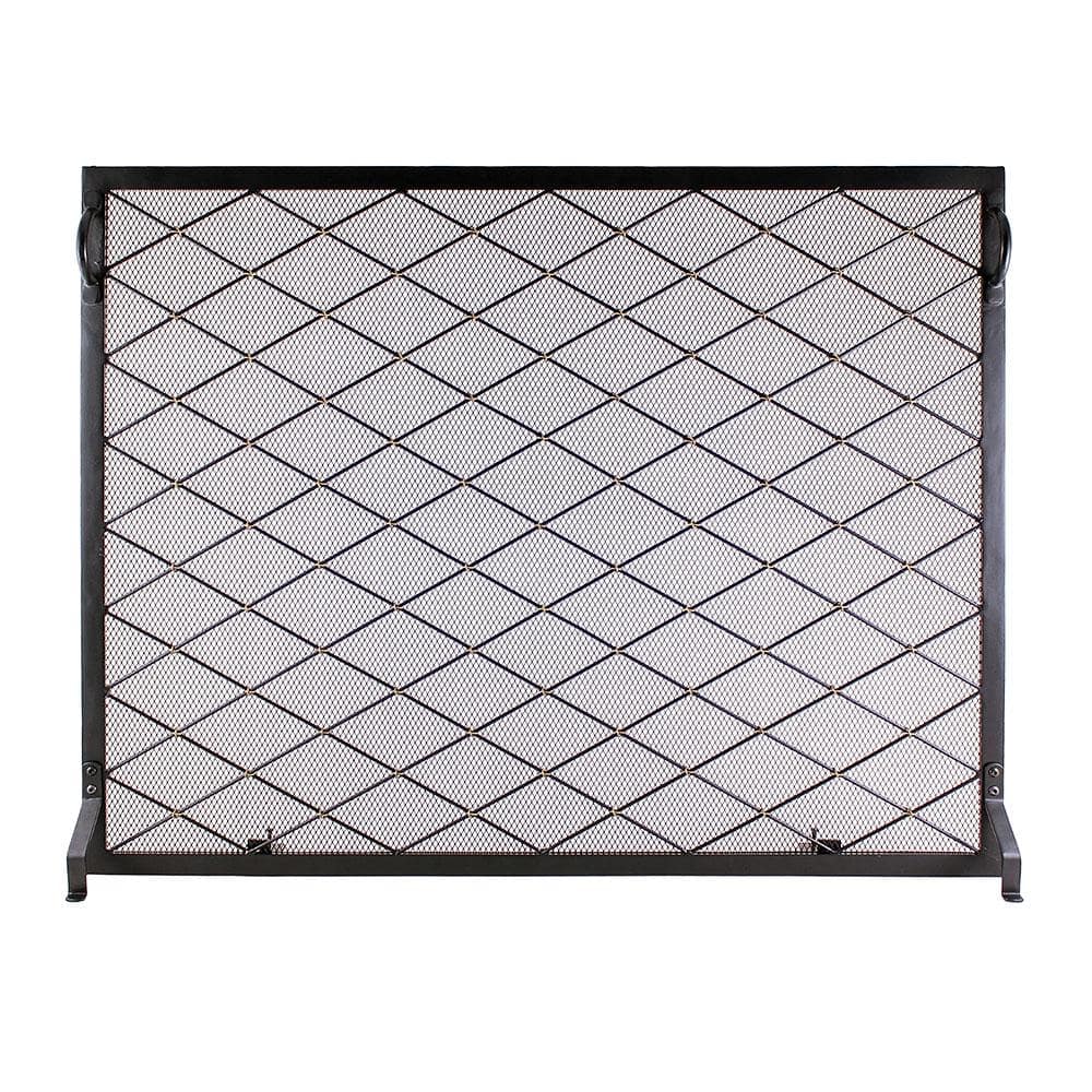 38 in. L Black and Brass 1-Panel Harlequin Flat Fireplace Screen with Diamond Pattern - Hercitys