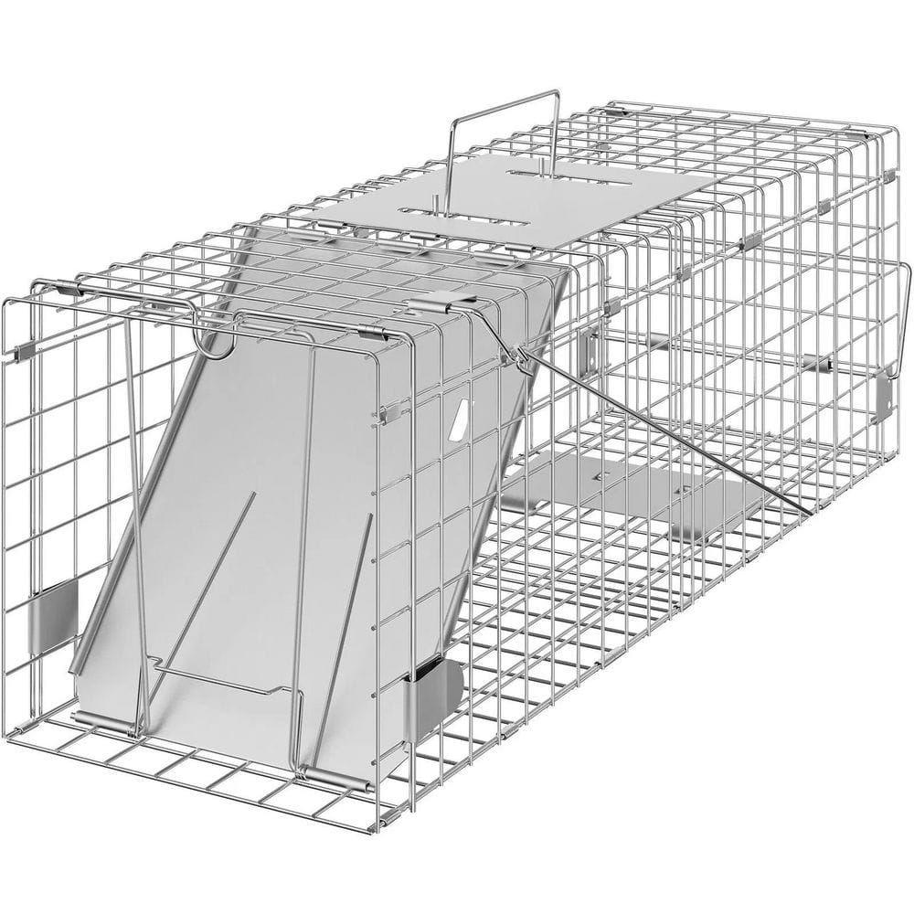 24 in. Galvanized Humane Live Animal Cage Trap-Foldable with Handle for Cats, Rabbits, Raccoons and More - Hercitys