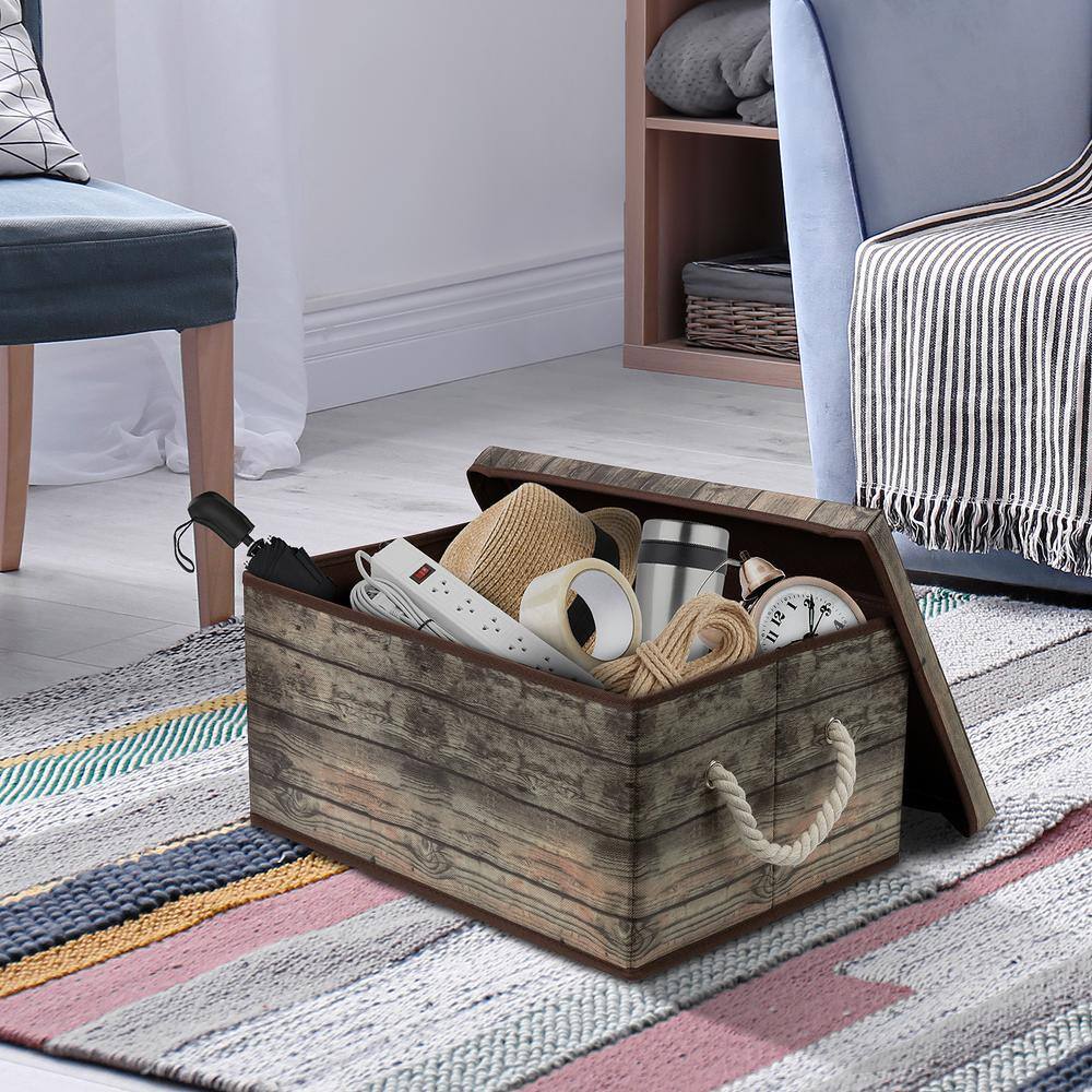 16.62 in. L x 8 in. W x 12.25 in. H Brown Rustic Collapsible Fabric Storage Bin with with Lid and Carry Handles Set of 2 - Hercitys