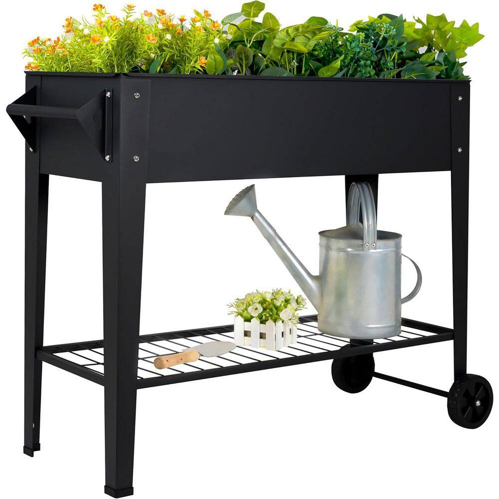 32 in. Tall Black Alloy Steel Rectangular Outdoor Tall Raised Garden Bed with Wheels and Shelf, Anti-Rust Planter Box - Hercitys