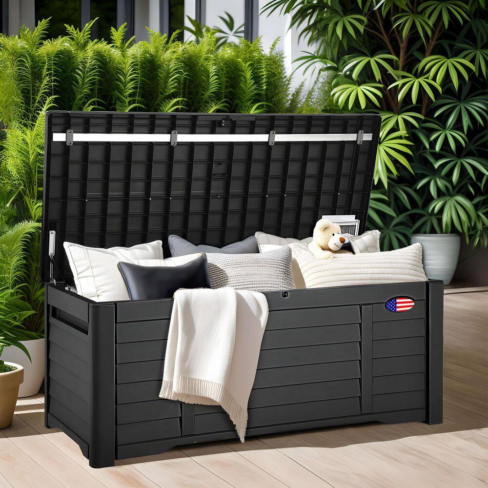 120 Gal. Water Resistant Resin Lockable Deck Box, Outdoor Storage For Patio Lawn and Garden, Black/Flag - Hercitys