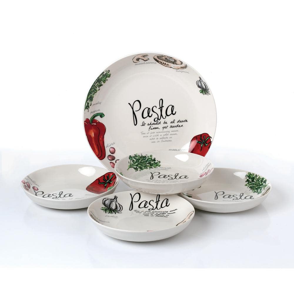 11 in. 52 fl. oz. Vegetable and Herb 5-Piece White Porcelain Pasta Serving Bowl Set (Set of 5) - Hercitys