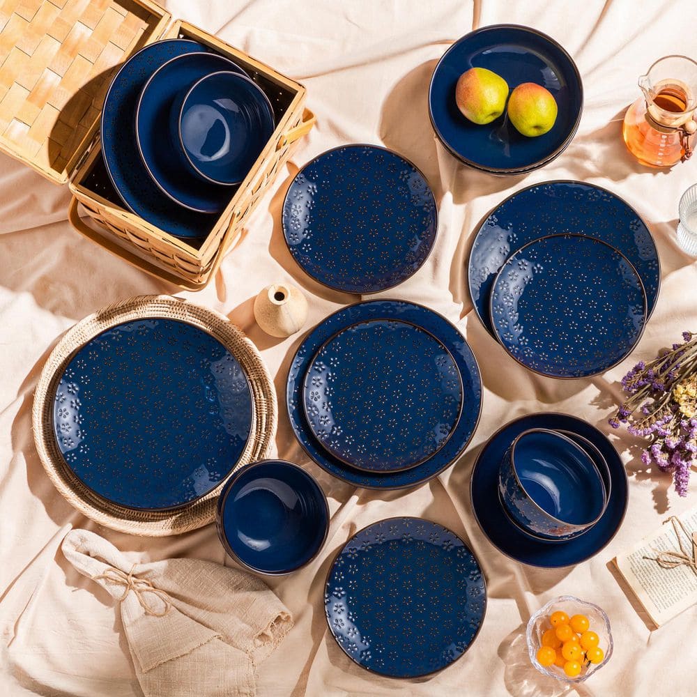 16-Piece Blue Stoneware Dinnerware Set Service for 4-Embossed Star-shape Floral Pattern Bowls and Plates Set - Hercitys