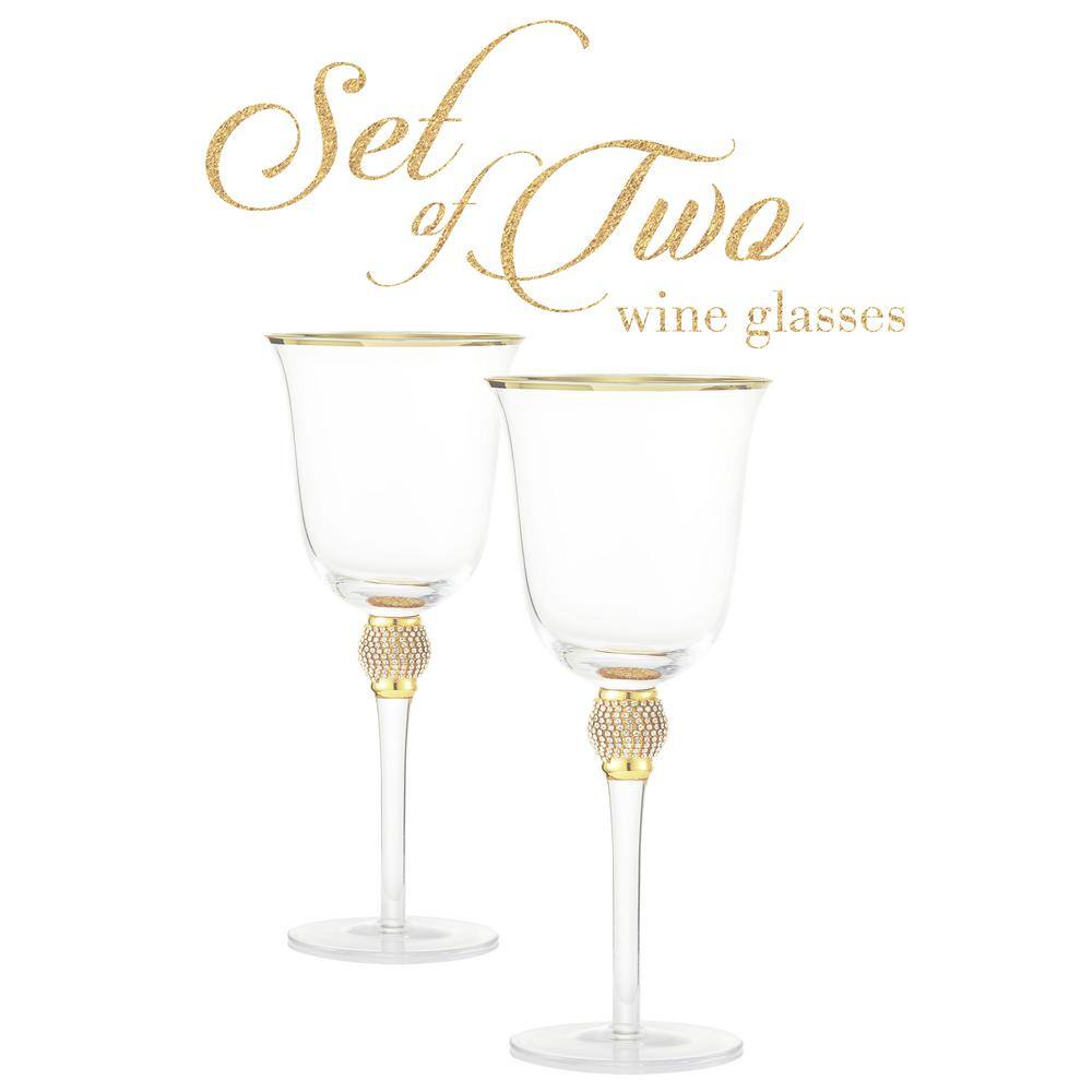 (Set of 2) Luxurious Rose and White 18 oz. Wine Glass with Dazzling Rhinestone Design and Gold Rim - Hercitys