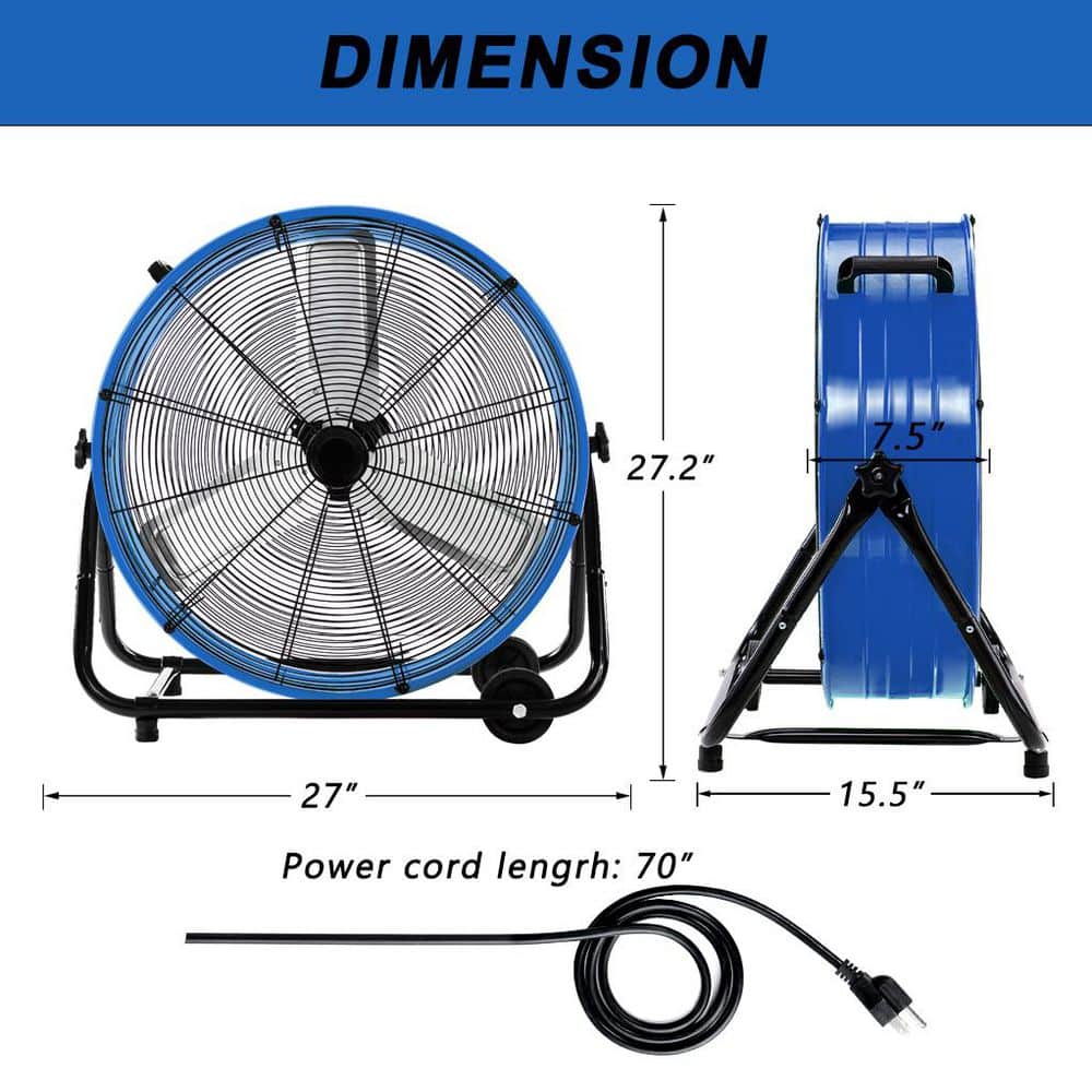 24 in. Industrial Drum Fan, 3-Speed ​​8100 CFM High Velocity Air Mover for Warehouse, Workshop, Factory – Blue - Hercitys