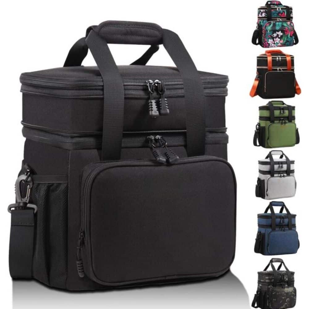 17 qt. Expandable Insulated Large Lunch Box Double Deck Heavy Duty Durable Leakproof Cooler Bag 20 Can Capacity Black - Hercitys
