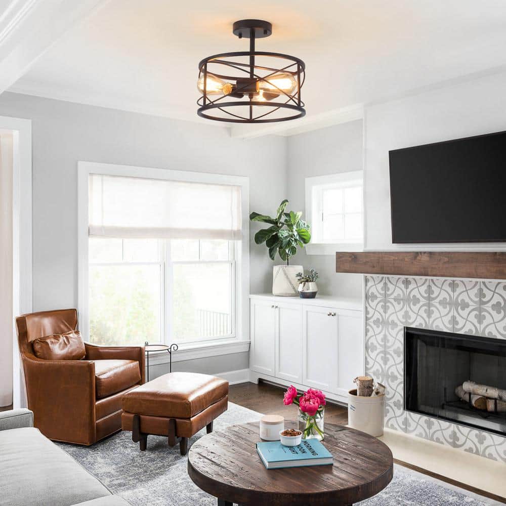 12.6 in. 3-Light Black Semi Flush Mount Ceiling Light Fixture with Metal Cage and No Bulbs Included - Hercitys