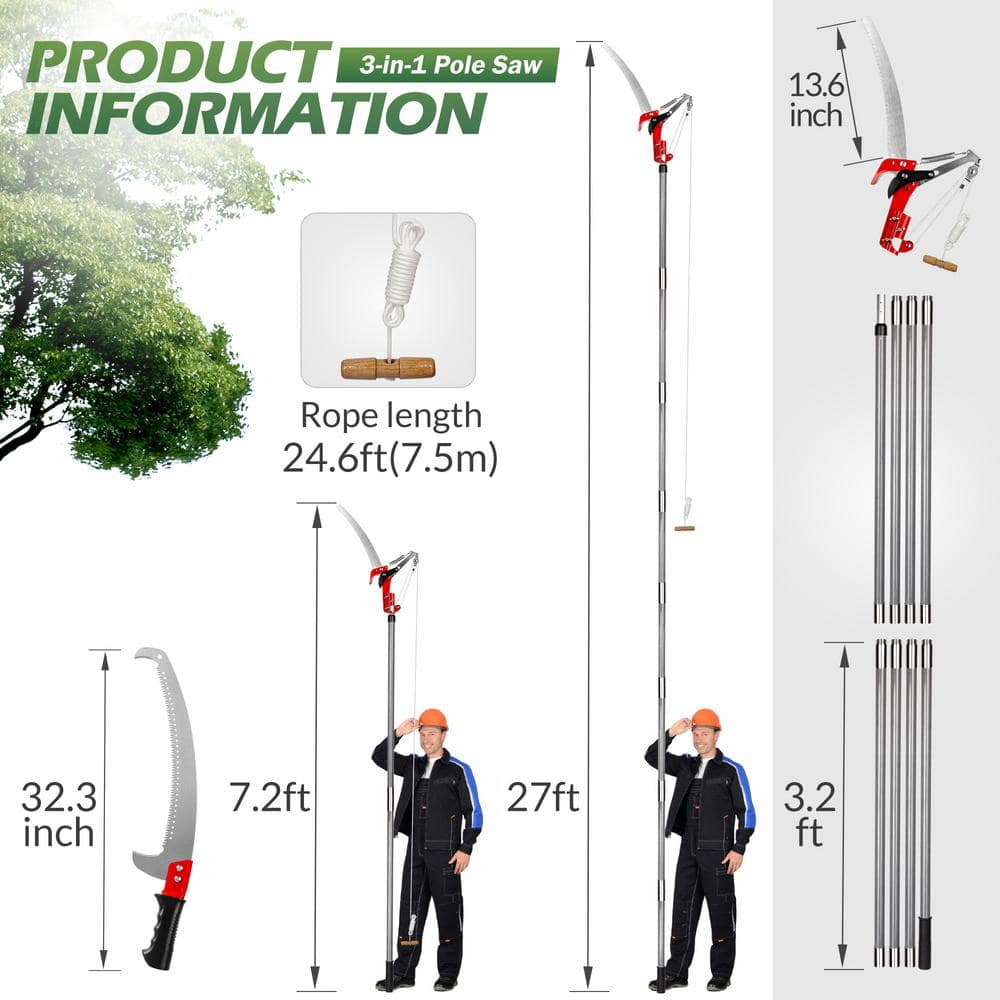 32.3 in. Blade 27 ft. Steel Pruning Saw Double Blade Pole Saws for Tree Trimming - Hercitys