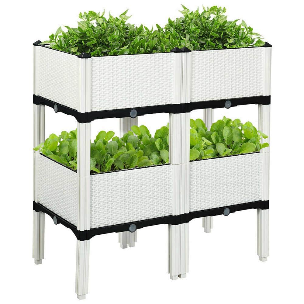 16 in. L x 16 in. W x 17.5 in. H White Plastic Raised Bed Elevated Flower Vegetable Herb Grow Planter Box (Set of 4) - Hercitys