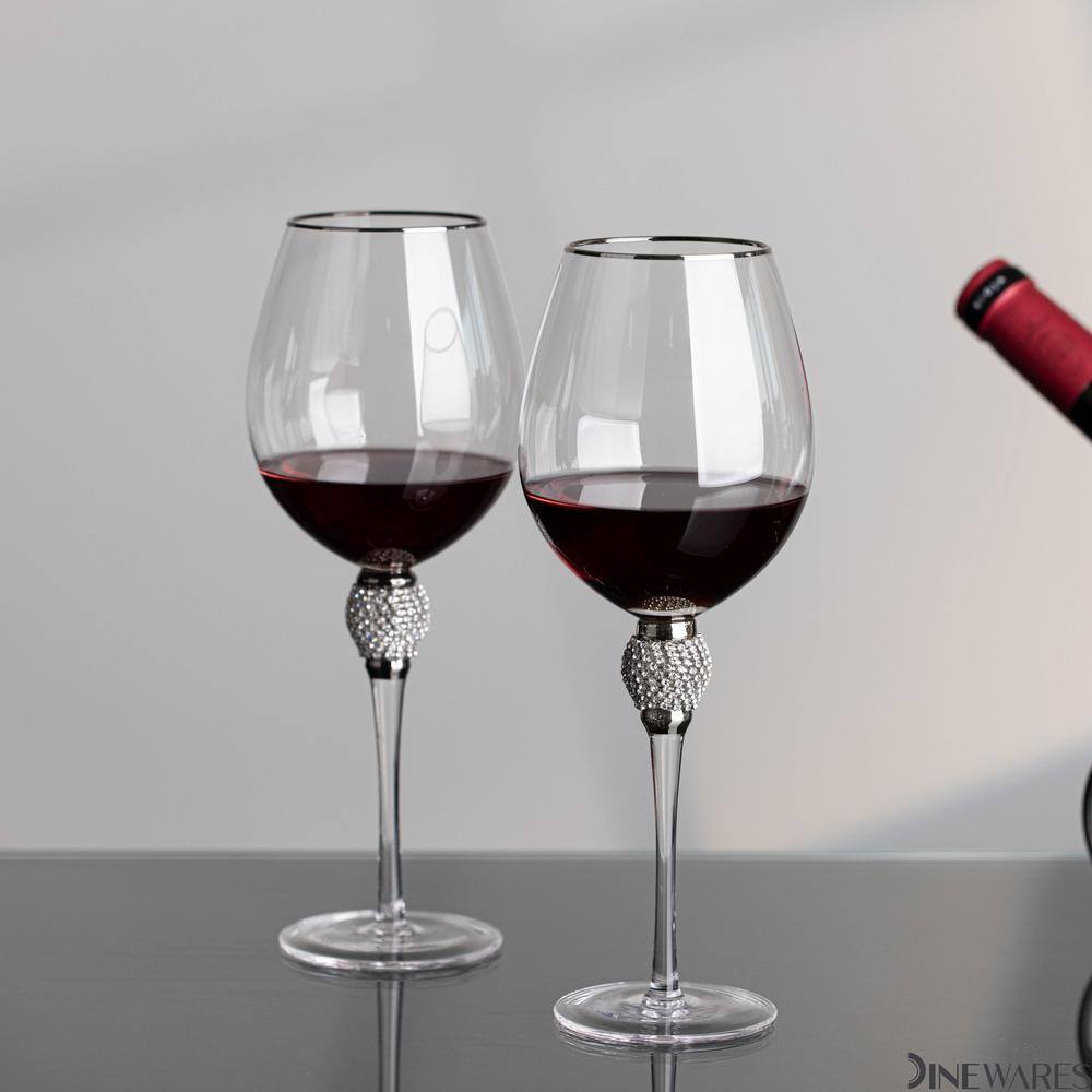 (Set of 2) Silver-Rimmed Red Wine Glasses with Diamond Rhinestone Accent 18 oz. 10 in. Tall - Hercitys