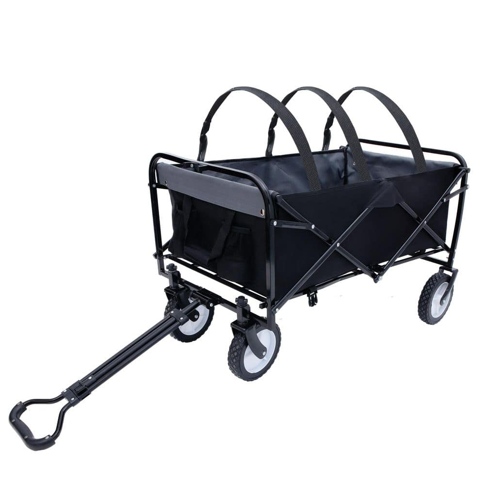 17 cu. ft. 360 lbs. Capacity Fabric Steel Frame Collapsible Folding Garden Cart Wagon with 3 Plastic Liner Bags, Black - Hercitys