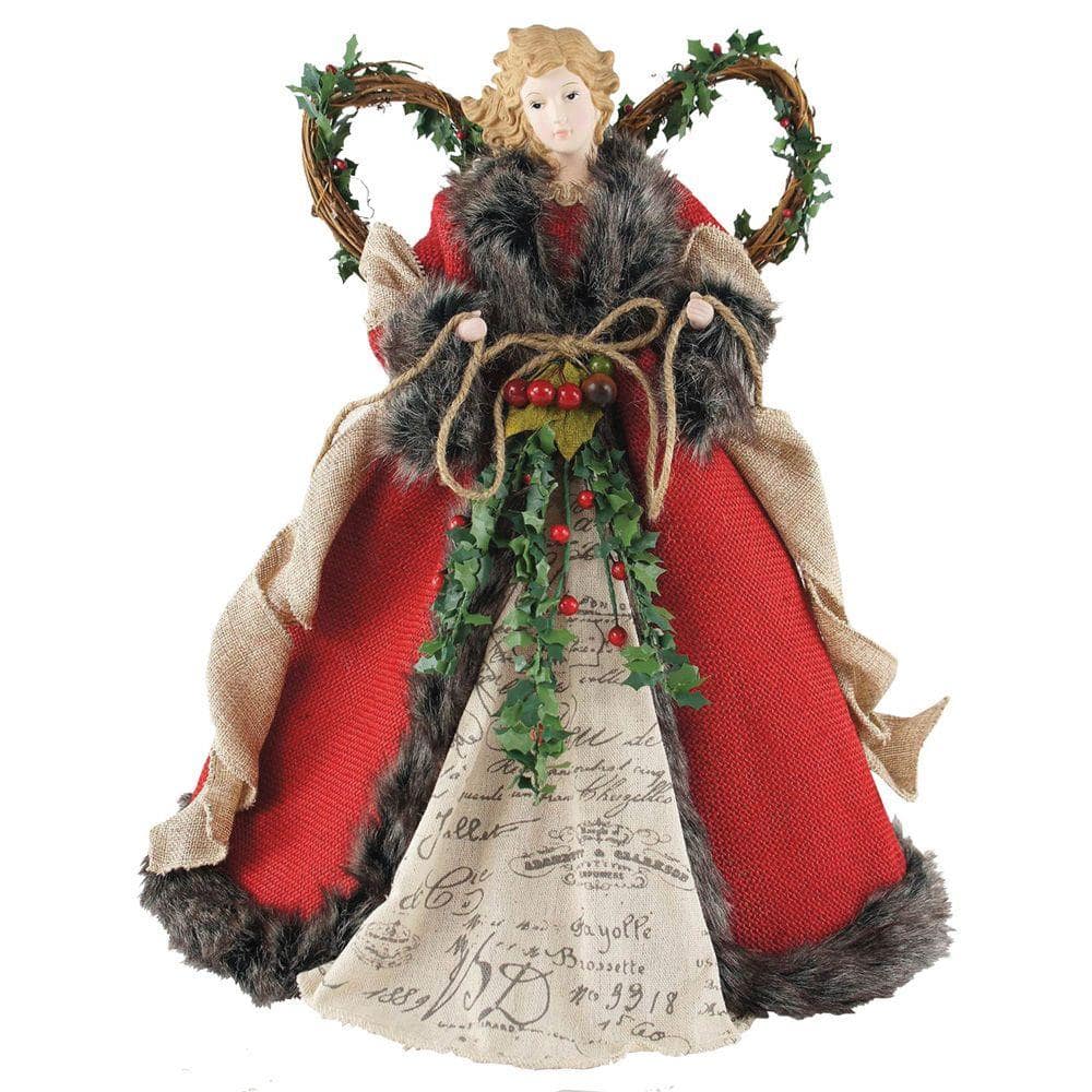 16 in. Angel Tree Topper Red Homespun with Garland - Hercitys